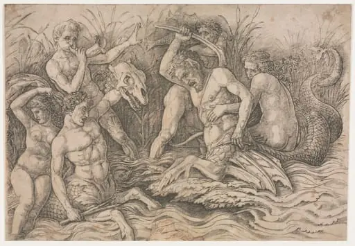 Battle of the Sea Gods - right portion, by Andrea Mantegna
