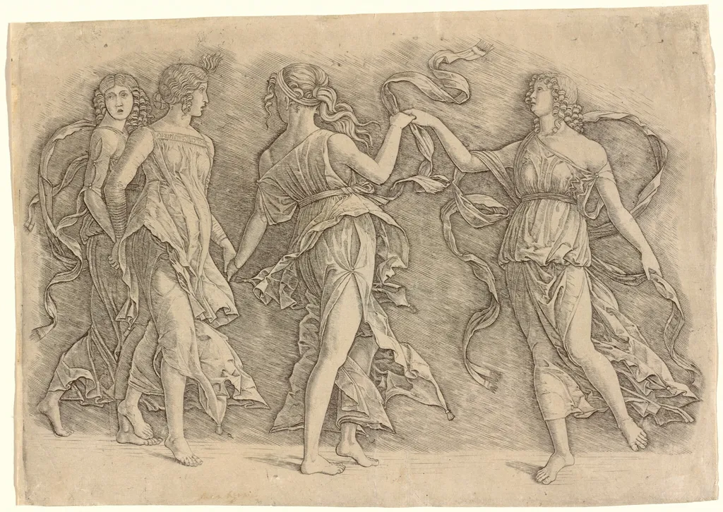 Four Dancing Muses, by Andrea Mantegna, ink, 1497