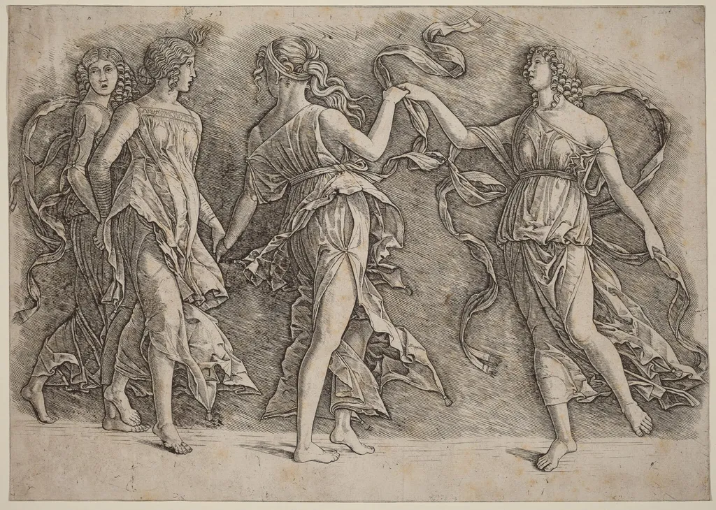 Four Dancing Muses, by Andrea Mantegna, ink, 1497
