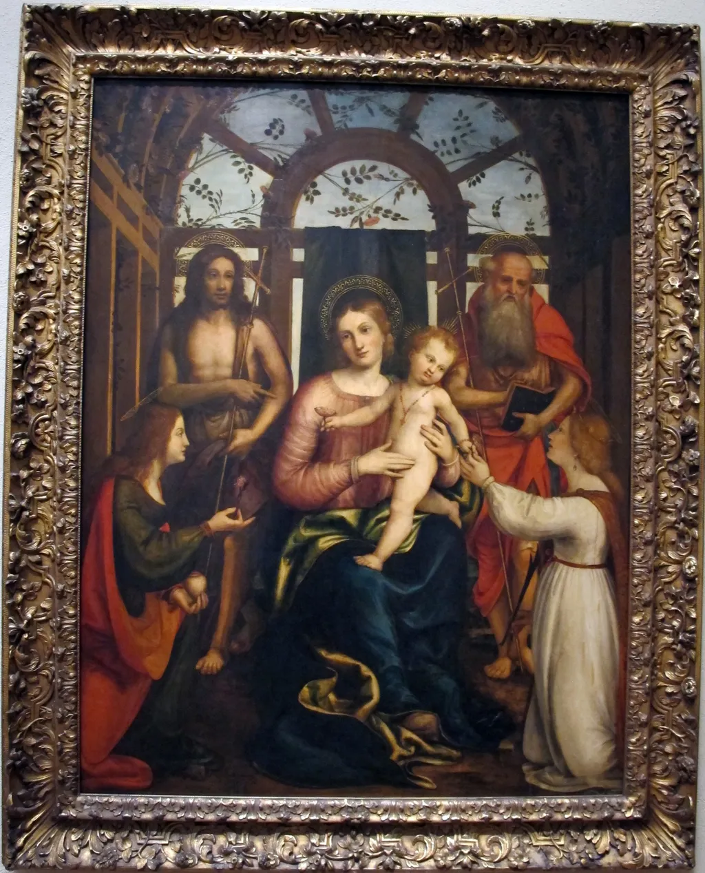 Virgin and Child, with Saints Mary Magdalene, John the Baptist, Jerome, and Catherine of Alexandria, by Andrea Previtali, unspecified, 1517