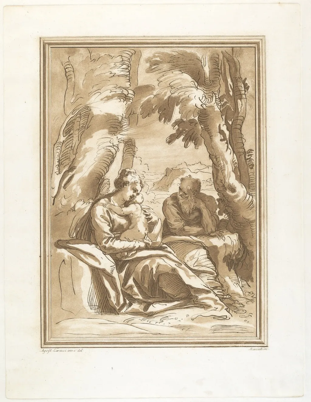 Rest on the Flight into Egypt, by Andrea Scacciati, ink, 1766