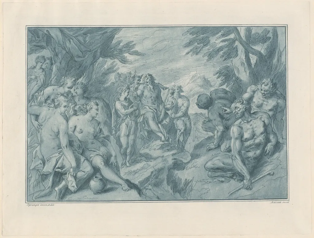 The Musical Contest Between Apollo and Pan, by Andrea Scacciati, ink, 1766