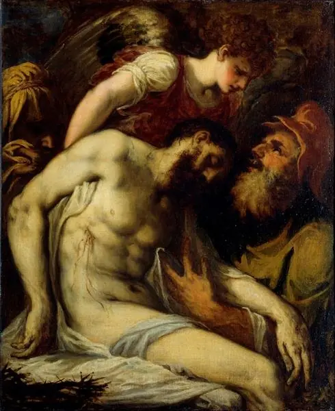 Dead Christ supported by Angels, by Andrea Schiavone