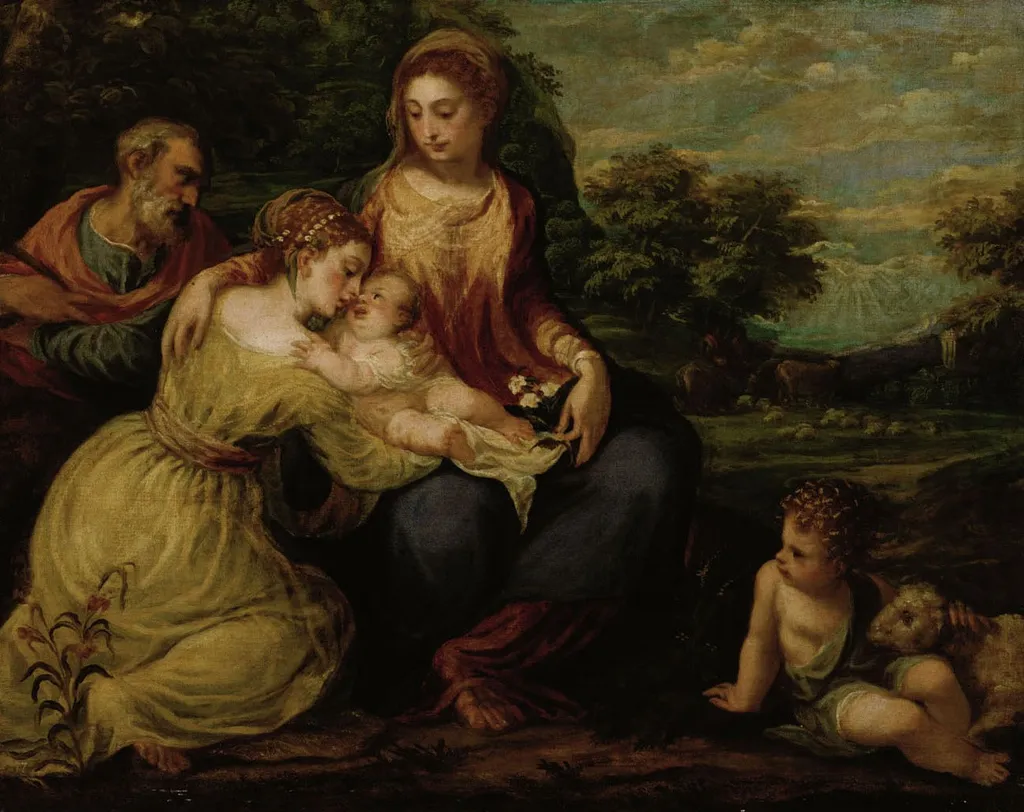 Holy Family with St Catharine and Young John the Baptist, by Andrea Schiavone, unspecified, 1552