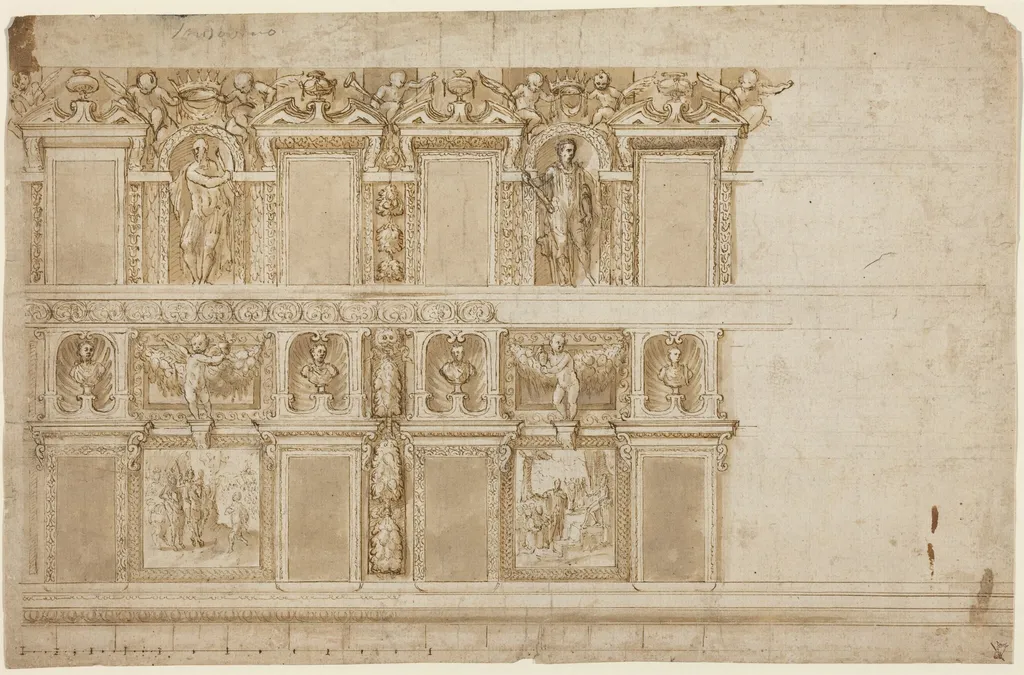 A Palatial Wall Ornamented with Sculptures and Paintings, by Andrea Semino, ink, 1570