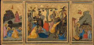 Scenes from the Passion of Christ: The Agony in the Garden, the Crucifixion, and the Descent into Limbo [entire triptych], by Andrea Vanni