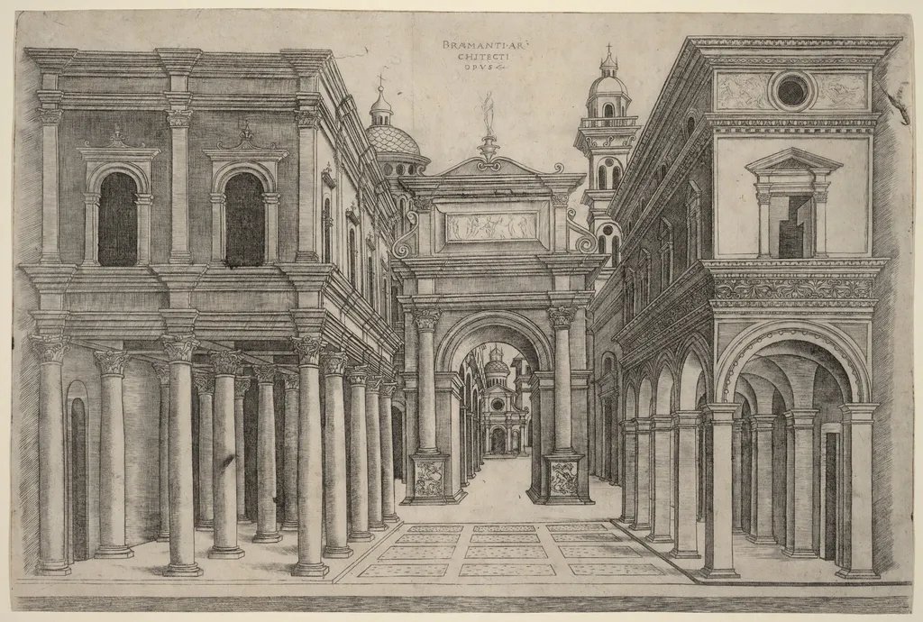 A Street with Various Buildings, Colonnades and an Arch, by Andrea Zoan, ink, 1505