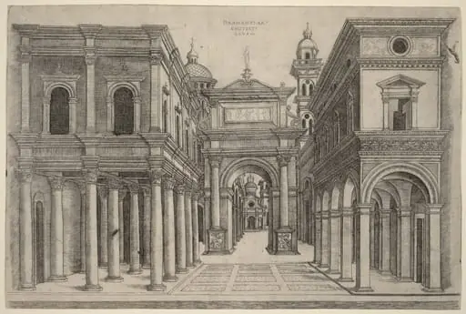 A Street with Various Buildings, Colonnades and an Arch, by Andrea Zoan