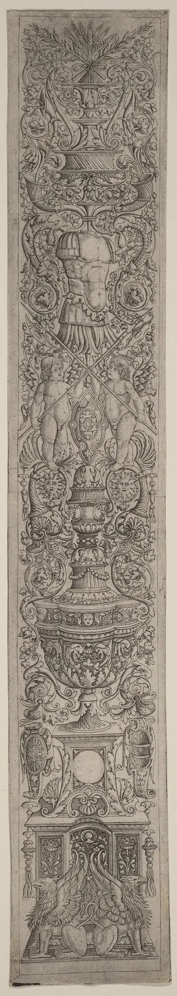 Ornament Panel: Griffins and Two Cupids Crossing Halberds, by Andrea Zoan, ink, 1510