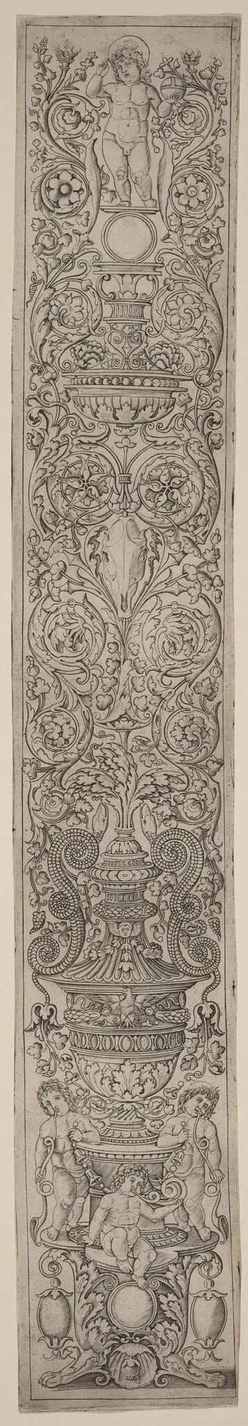 Ornament Panel: Three Children Blowing Horns, by Andrea Zoan, ink, 1510