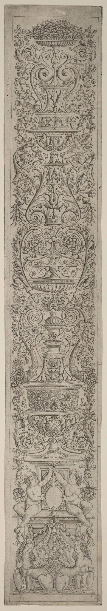 Ornament Panel: Two Sphinxes Supporting Shields, by Andrea Zoan, ink, 1510