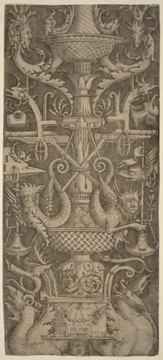 Ornament Panel with Dragons, Masks, and Instruments of War, by Andrea Zoan