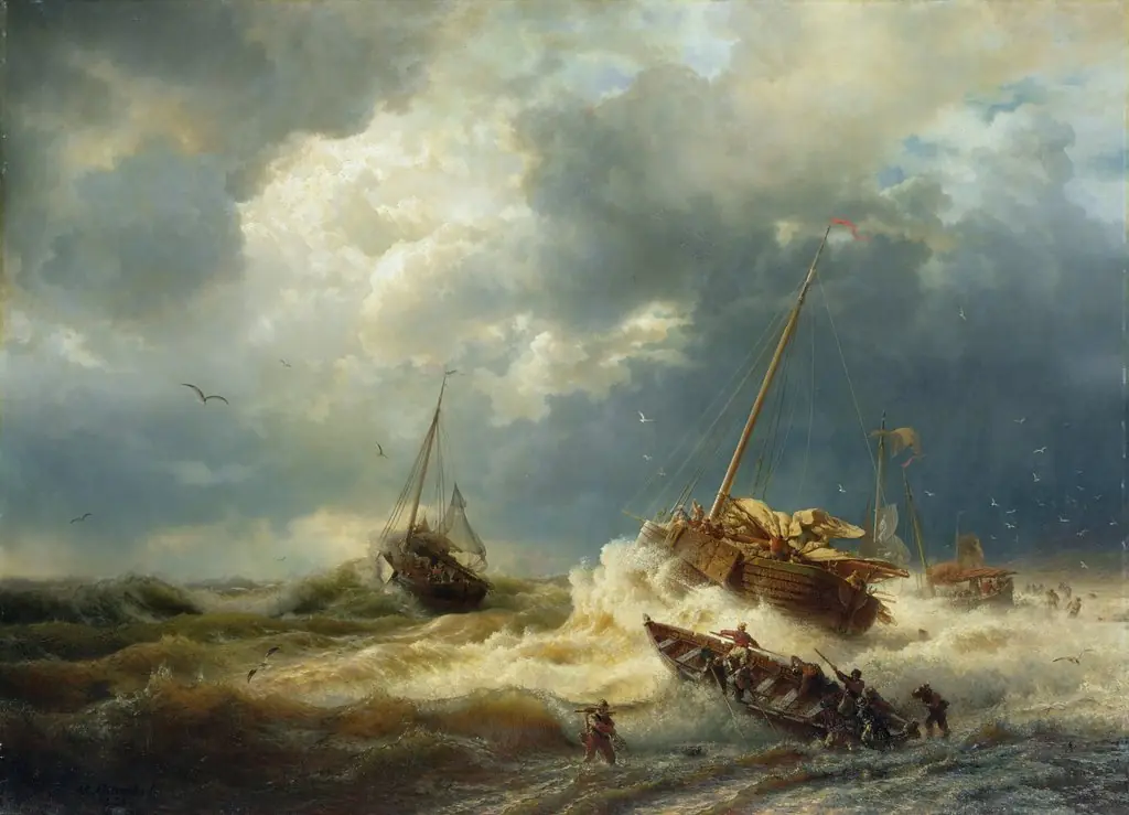 Ships in a storm on the Dutch coast, by Andreas Achenbach