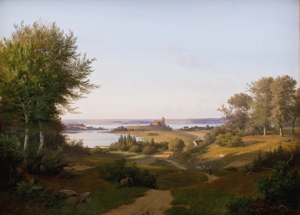 View of the Hill at Skanderborg Castle, Jutland, and the Memorial to frederik VI, by Andreas Juuel, oil, 1846
