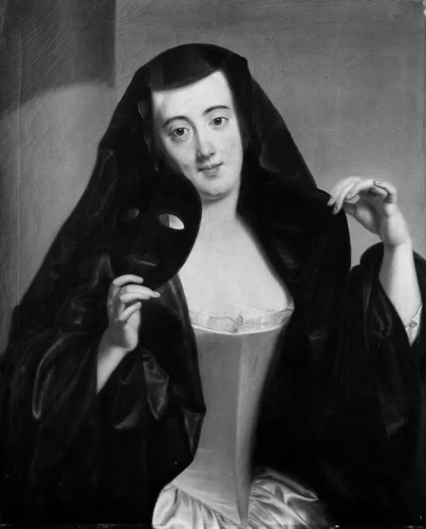 Dame med sort kappe over hovedet og maske i hånden, by Andreas Møller, oil, 1730