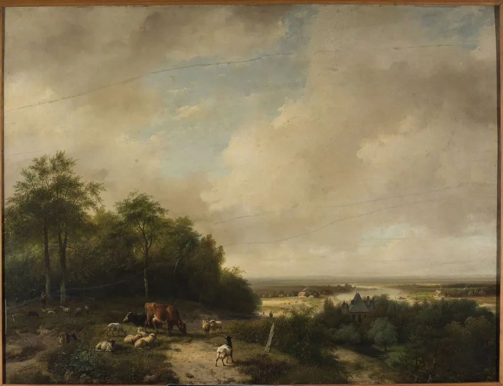 Landscape with a herd at the forest edge, by Andreas Schelfhout, oil, 1837