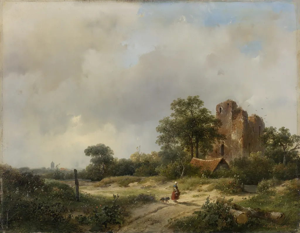 Landscape with the ruins of Castle Brederode in Santpoort, by Andreas Schelfhout, oil, 1844