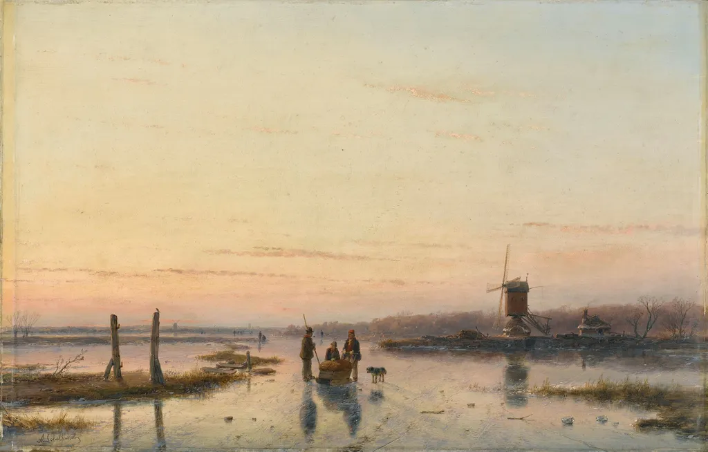Windmill beside a frozen river, by Andreas Schelfhout, oil, 1860