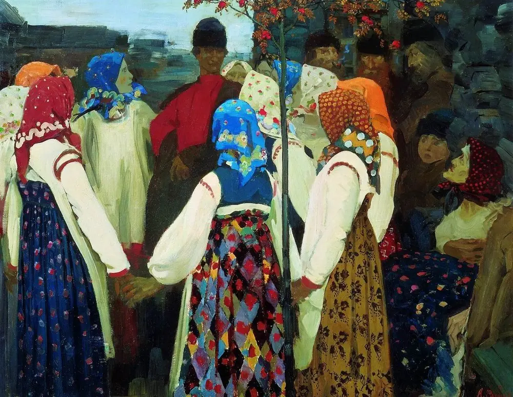 A Young Man Breaking into the Girls' Dance, and the Old Women are in Panic, by Andrei Petrovich Ryabushkin