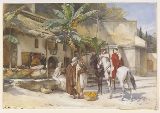 Village men conversing with two armed horsemen, Algiers, by Andrew Carrick RA RI Gow