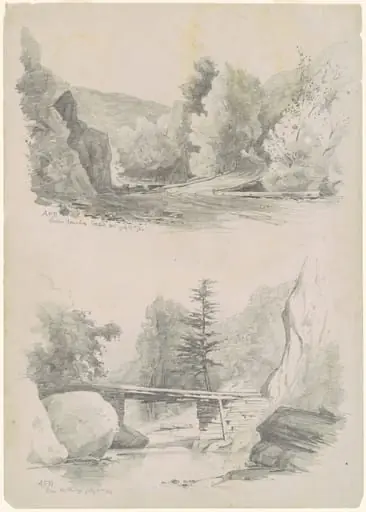 Below Fawn's Leap, Catskill Mountains; and Above the Bridge, by Andrew Fisher Bunner