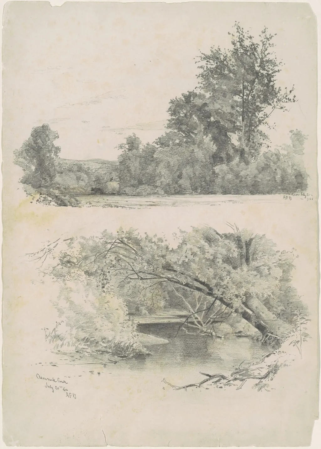 Hudson; and Claverack Creek, by Andrew Fisher Bunner, graphite, 1866