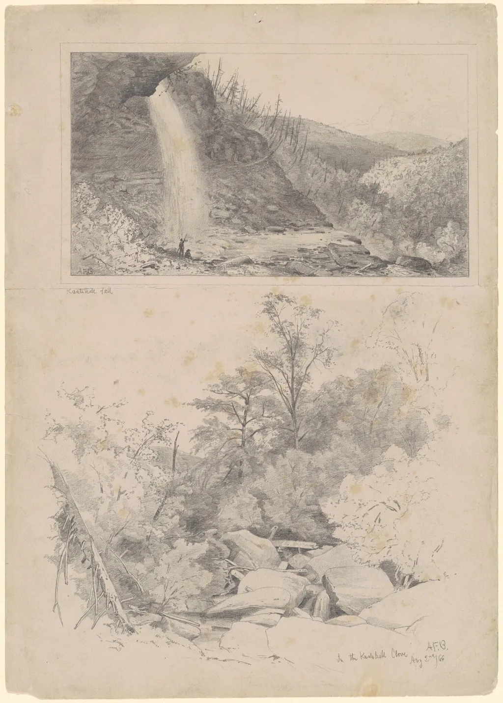 Kaatskill Fall; and In the Kaatskill Clove, by Andrew Fisher Bunner, graphite, 1866