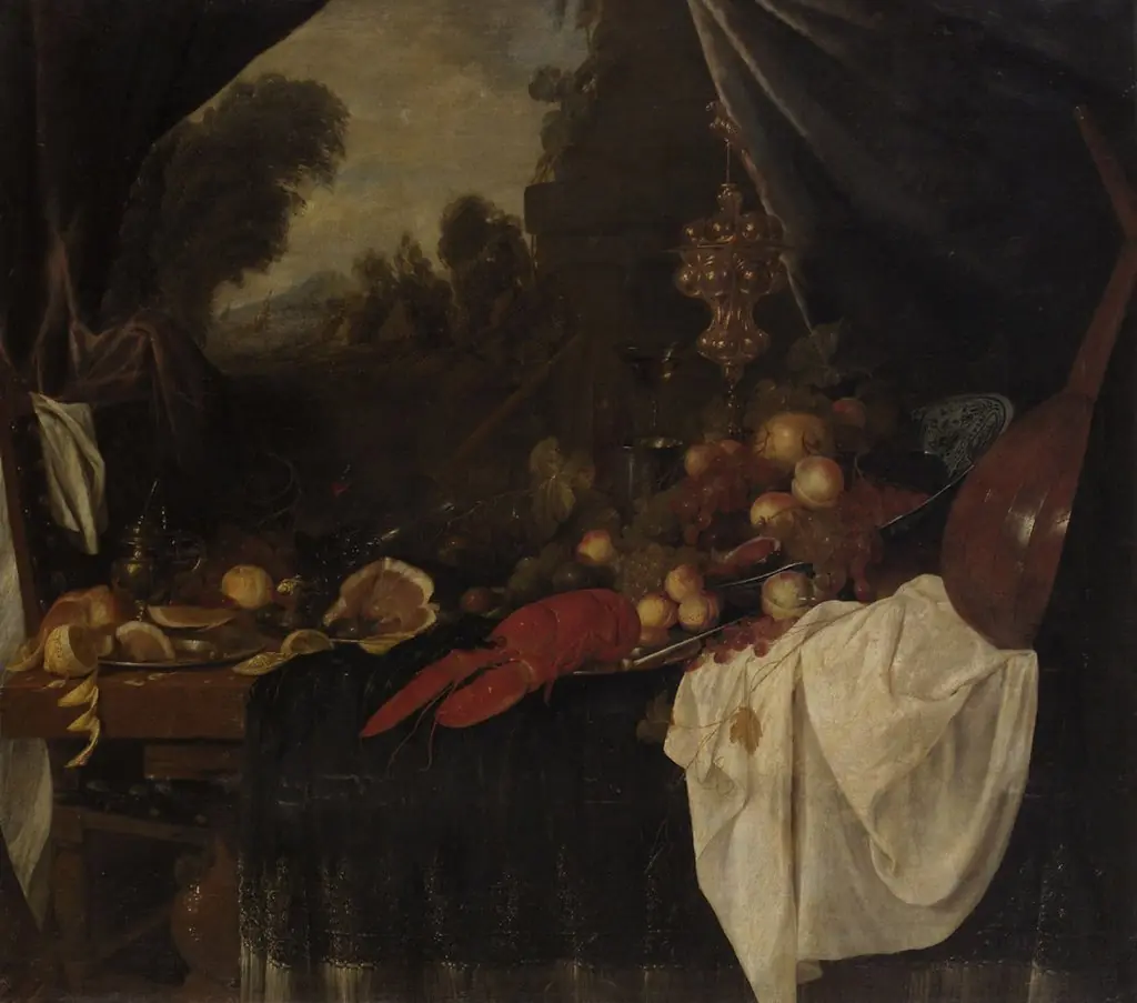 A still life with a view of a river landscape