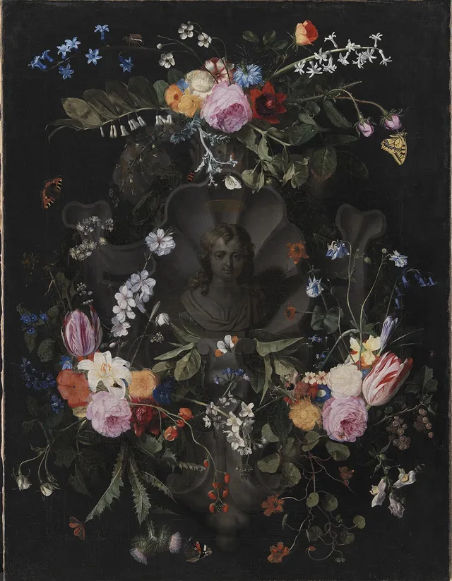 Cartouche with the bust of Jesus surrounded by festoons