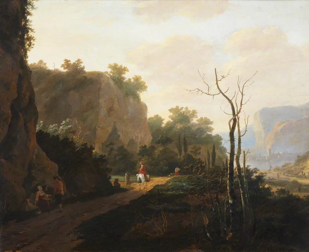 A Rocky Landscape with Figures, Sunset, by Andries Both, oil, 1640