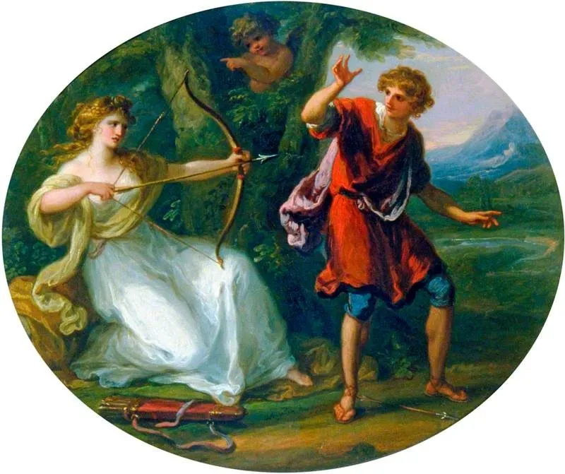 A Nymph Drawing Her Bow on a Youth, by Angelica Kauffmann, oil, 1790