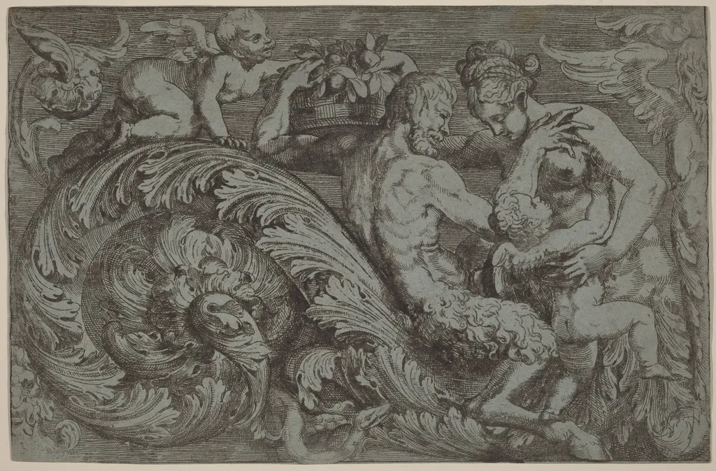 Decorative Panel with Mythological Figures, by Angelo Falconetto, ink, 1560