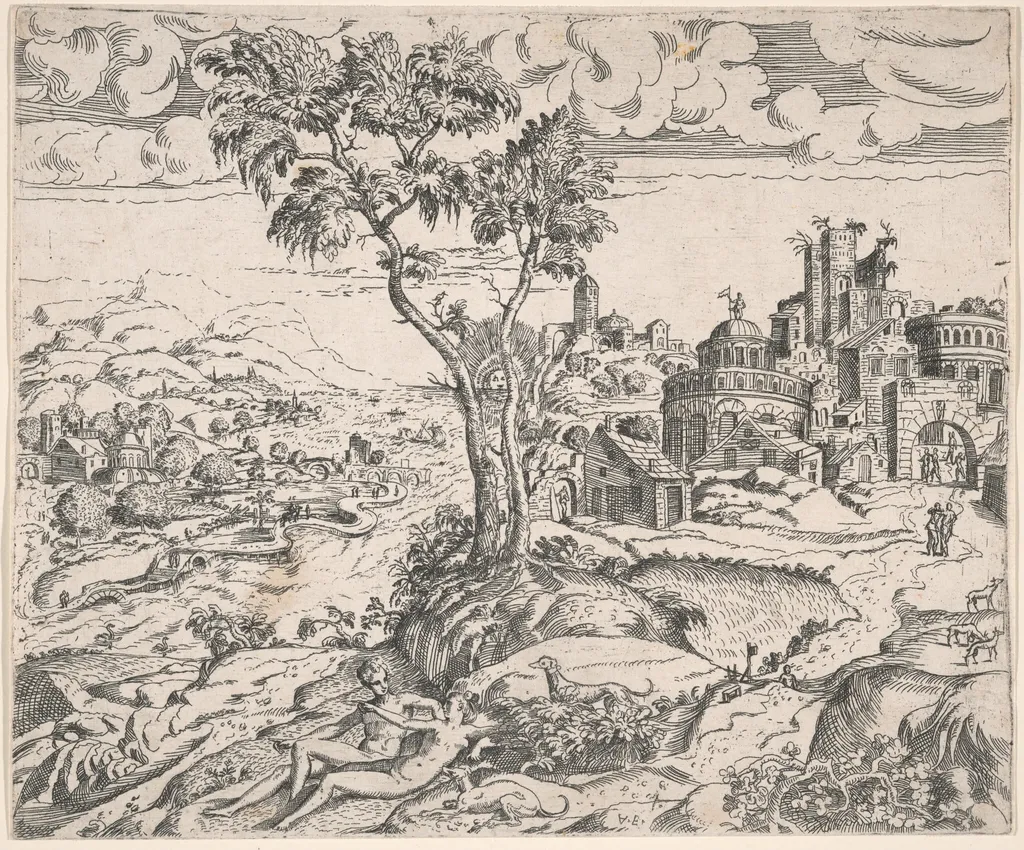 Imaginary Landscape with an Amorous Couple, by Angelo Falconetto, ink, 1560