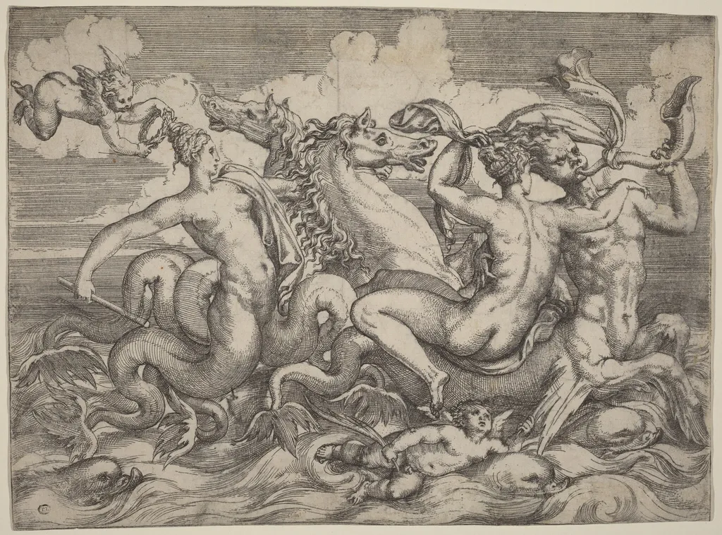 Sirens, Naiads, and Tritons, by Angelo Falconetto, ink, 1544