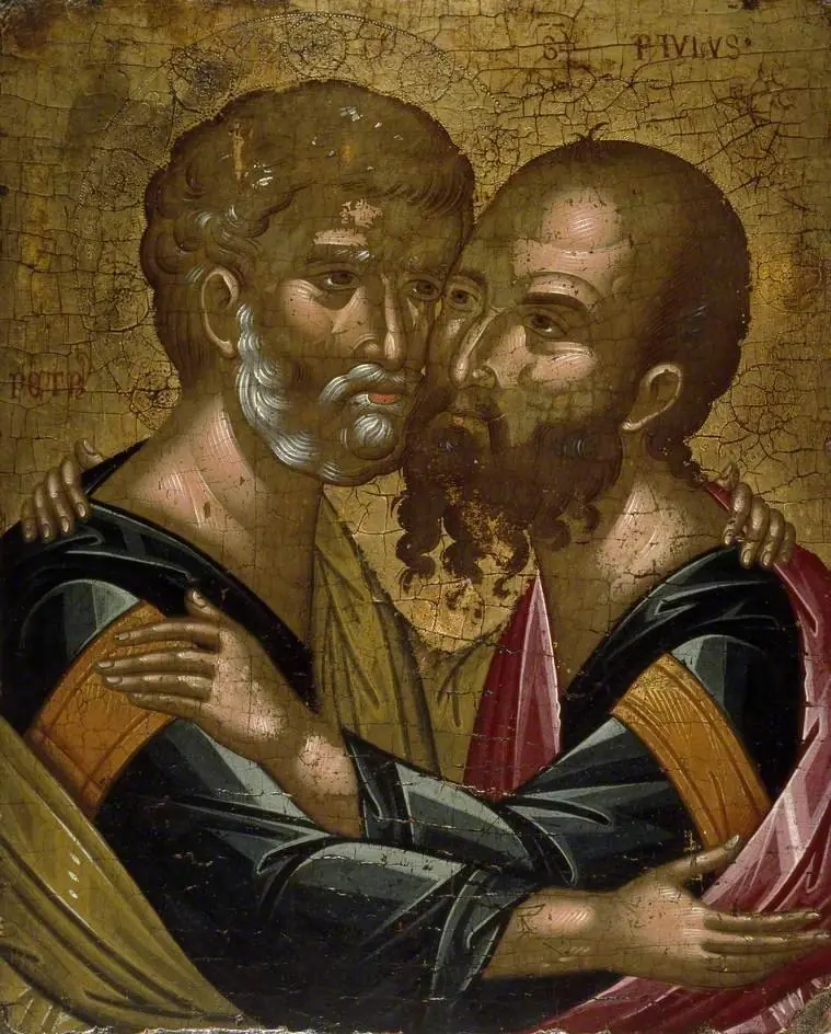 Icon of The Embrace of the Apostles Peter and Paul, by Angelos Akotantos