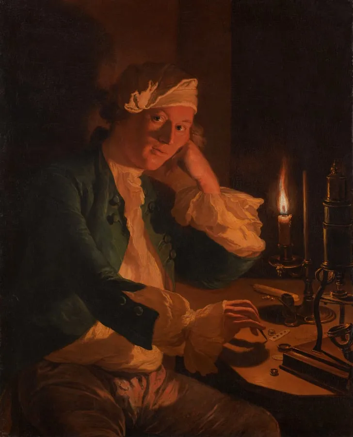 A Scientist Seated at a Desk by Candlelight, by Anna Dorothea Therbusch, unspecified, 1755