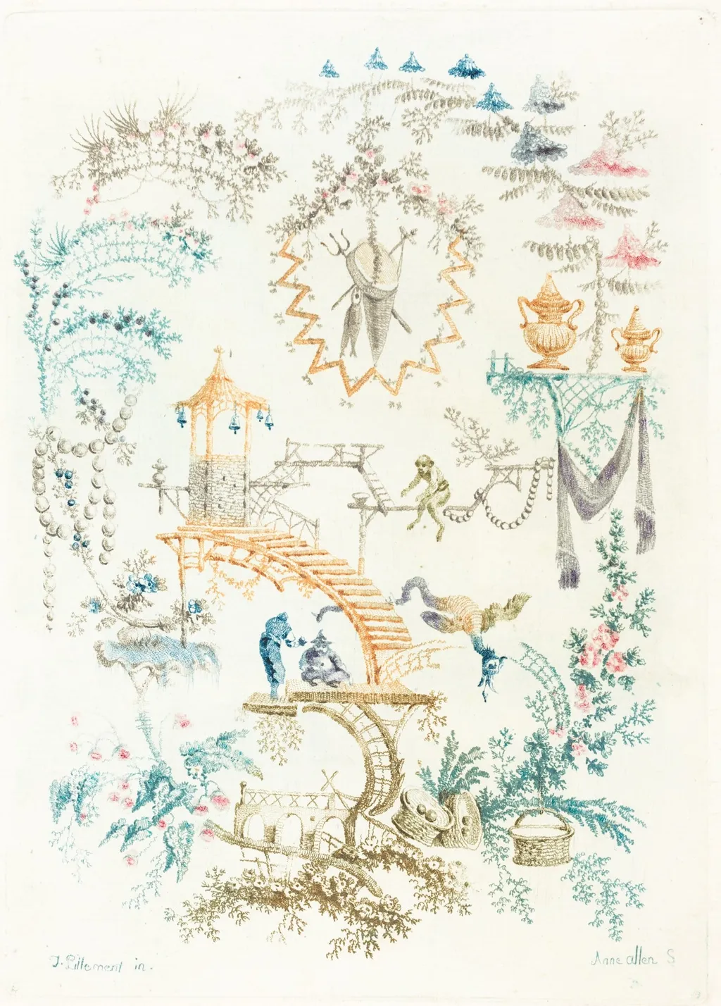 Arabesque with a Monkey, by Anne Allen, ink, 1764