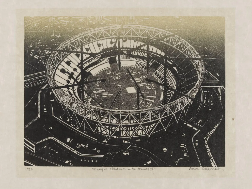 Olympic Stadium with Cranes II, by Anne Desmet, 2009