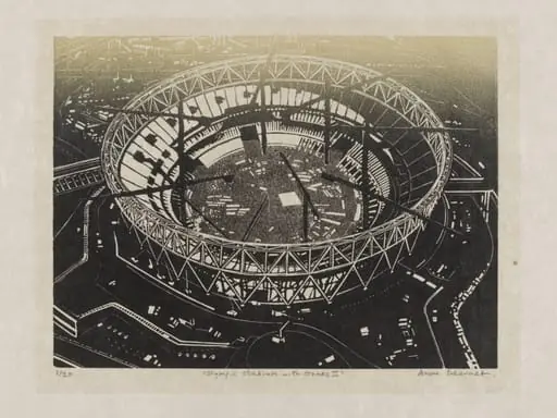 Olympic Stadium with Cranes II, by Anne Desmet