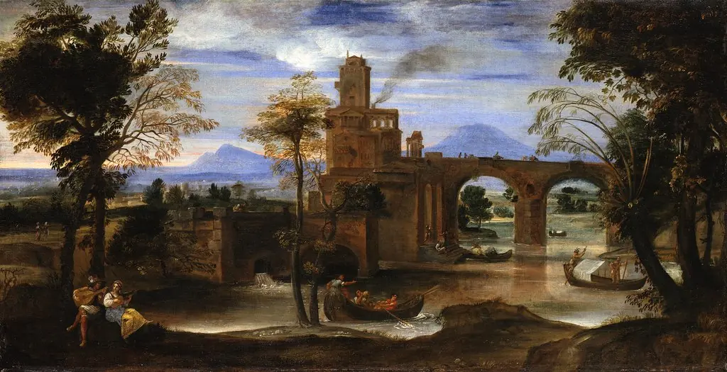 A Roman River Scene with a Castle and a Bridge, by Annibale Carracci
