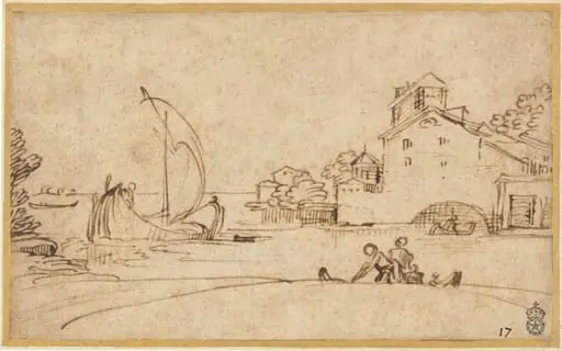 Landscape with Figures by an Estuary with Sailing Boats, by Annibale Carracci
