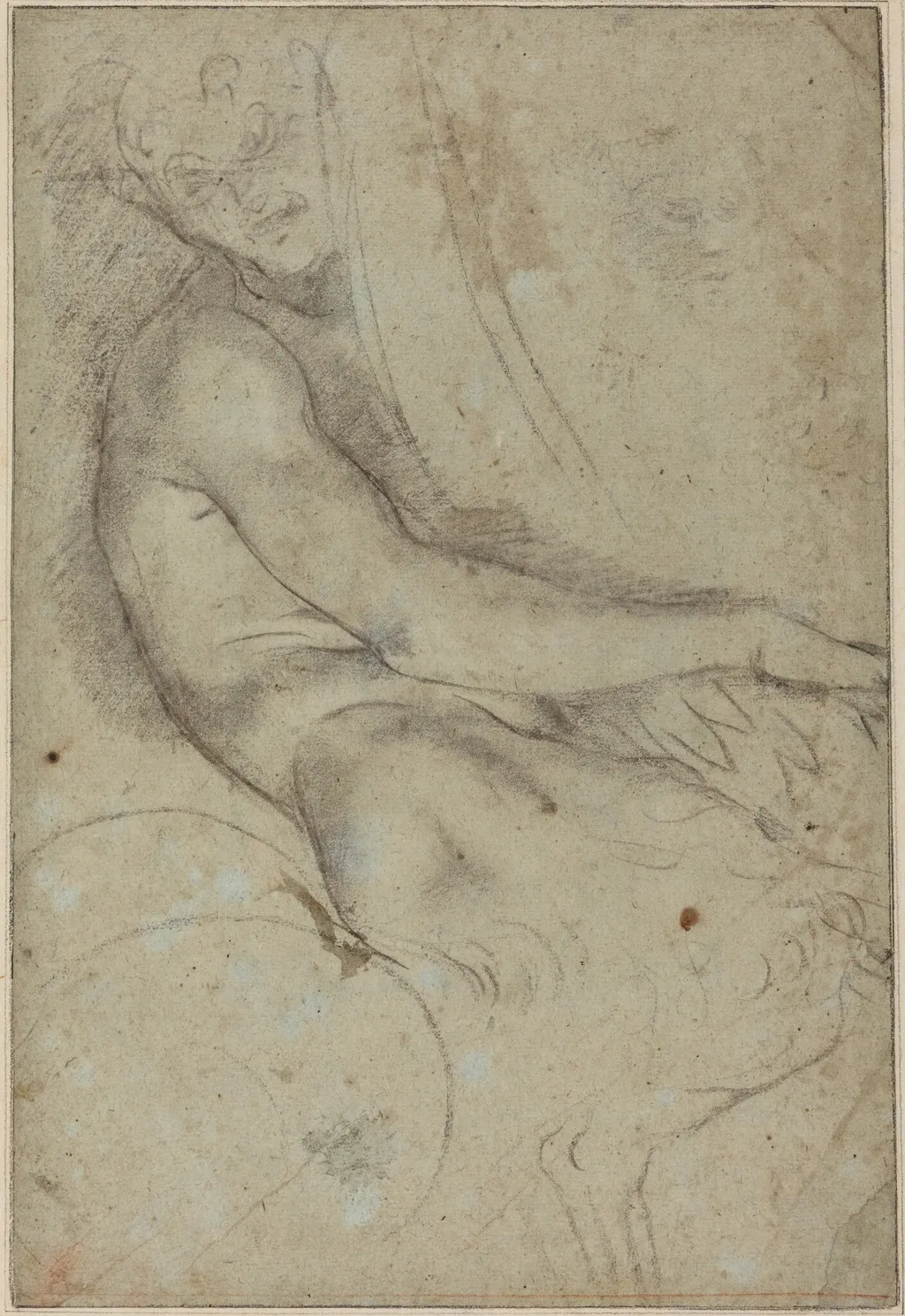 Satyr Holding a Roundel, by Annibale Carracci, chalk, 1598