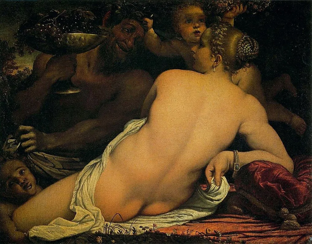 Venus with a Satyr and Cupids, by Annibale Carracci, oil, 1594