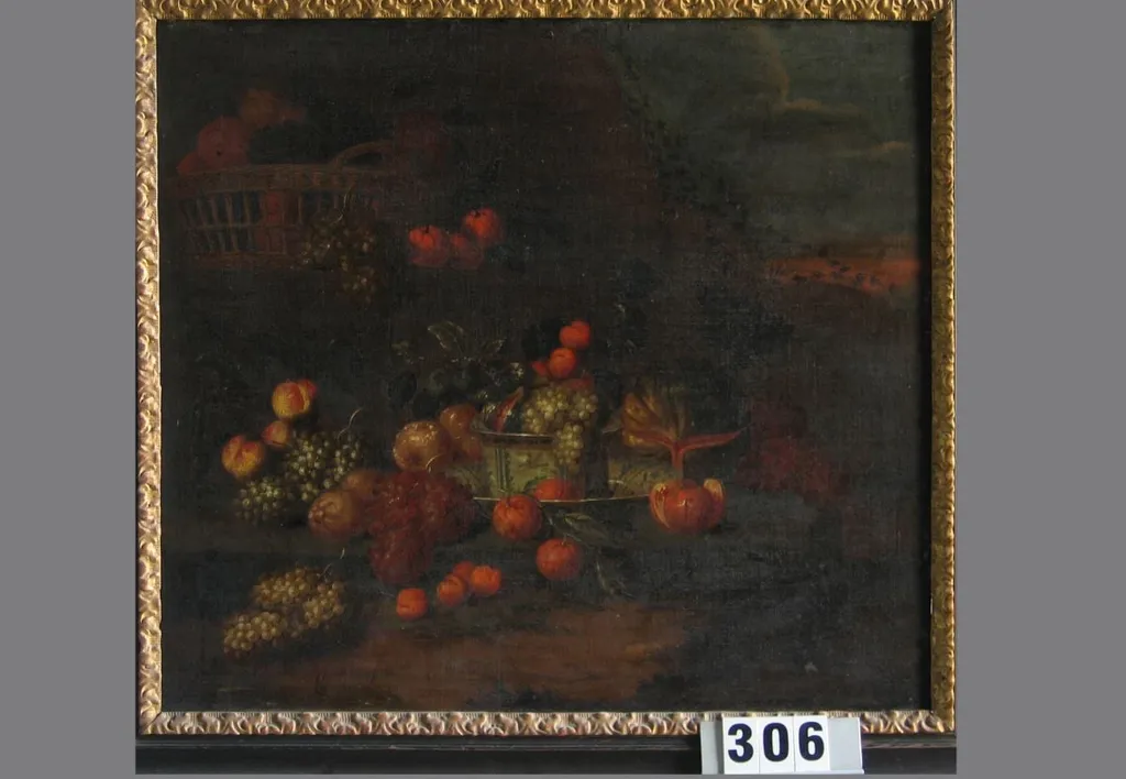 Fructe și un coș (în Reg. Inv.: Fructe și un cocoș), by anonim