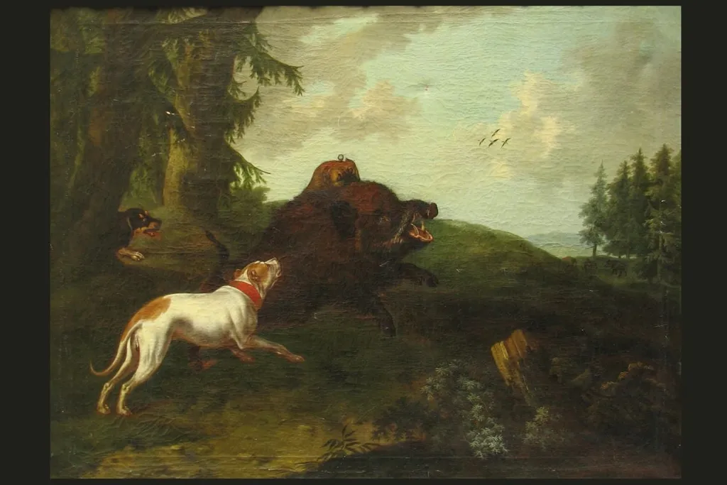 Vînătoare de mistreț ; pandant: Căprior, by anonim, unspecified, 1699