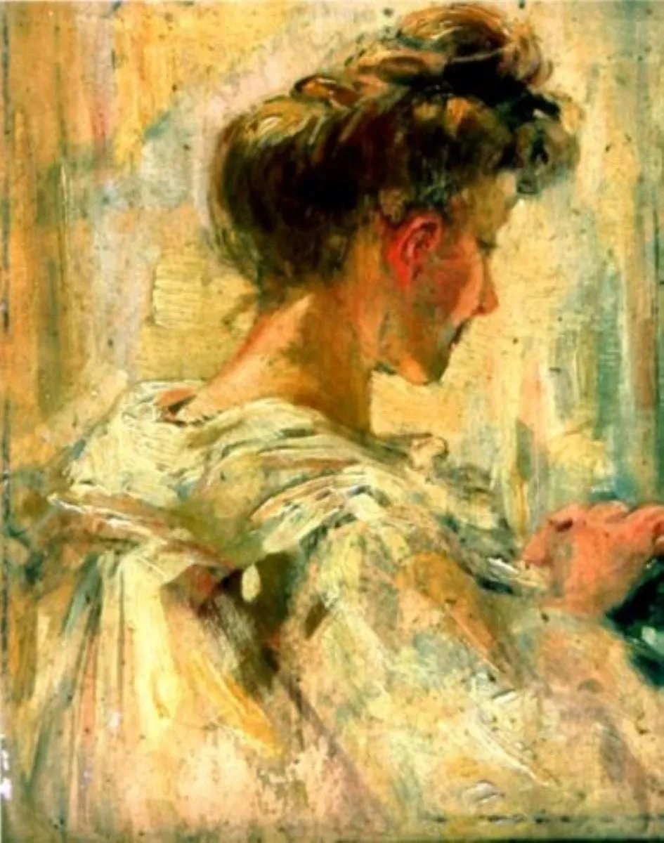Tânără femeie cosând, by anonim francez, unspecified