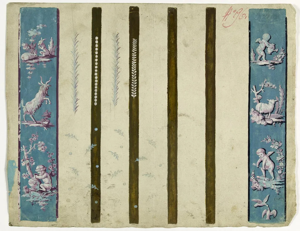 Bandes d'amours et animaux, projets de broderies de gilet, XVIIIème siècle, by Anonyme, 1790