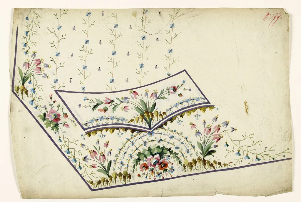 Bouquet suspendu surmonté d'un motif floral rayonnant, bouquets de fleurs et grappes, rayures fleuries, projets de broderies de gilet, XVIIIème siècle, by Anonyme, 1750
