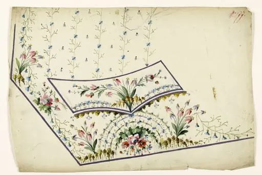 Bouquet suspendu surmonté d'un motif floral rayonnant, bouquets de fleurs et grappes, rayures fleuries, projets de broderies de gilet, XVIIIème siècle, by Anonyme