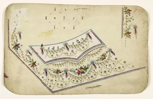 Composirion avec guirlandes de fleurs et de fruits exotiques, frises de perles violettes, projets de broderies de gilet, XVIIIème siècle, by Anonyme